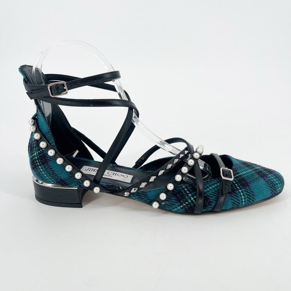 Jimmy Choo Celestia 25 Peacock Tartan Pearl Studded Mary Jane Flats IT 37.5 - Picture 2 of 13